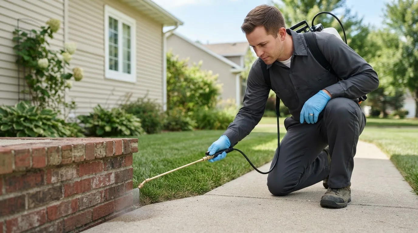 Pest control technician treating a home near Goffstown, NH