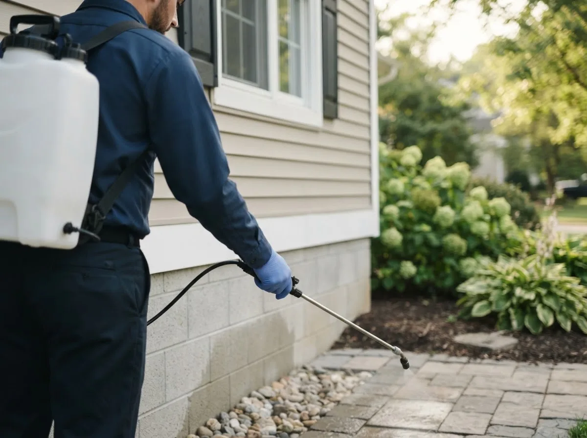 Pest control technician inspecting a home in Goffstown, NH